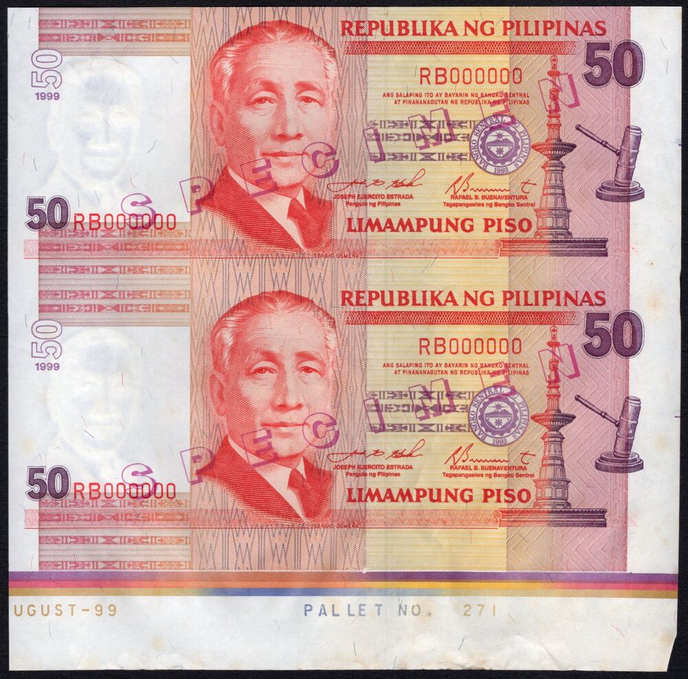 Philippines - 2 x 50 Piso 1999 - Pick # 183cs - Uncut Specimen - Lightly stained XF/AU
