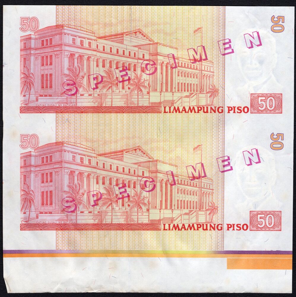 Philippines - 2 x 50 Piso 1999 - Pick # 183cs - Uncut Specimen - Lightly stained XF/AU