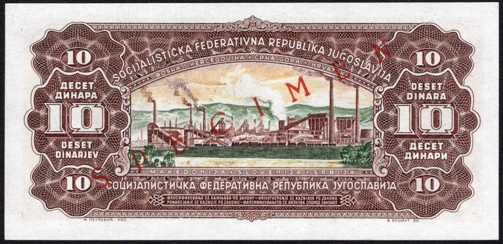 Yugoslavia - 10 Dinara 1965 - Pick # 78bs - Specimen - UNC