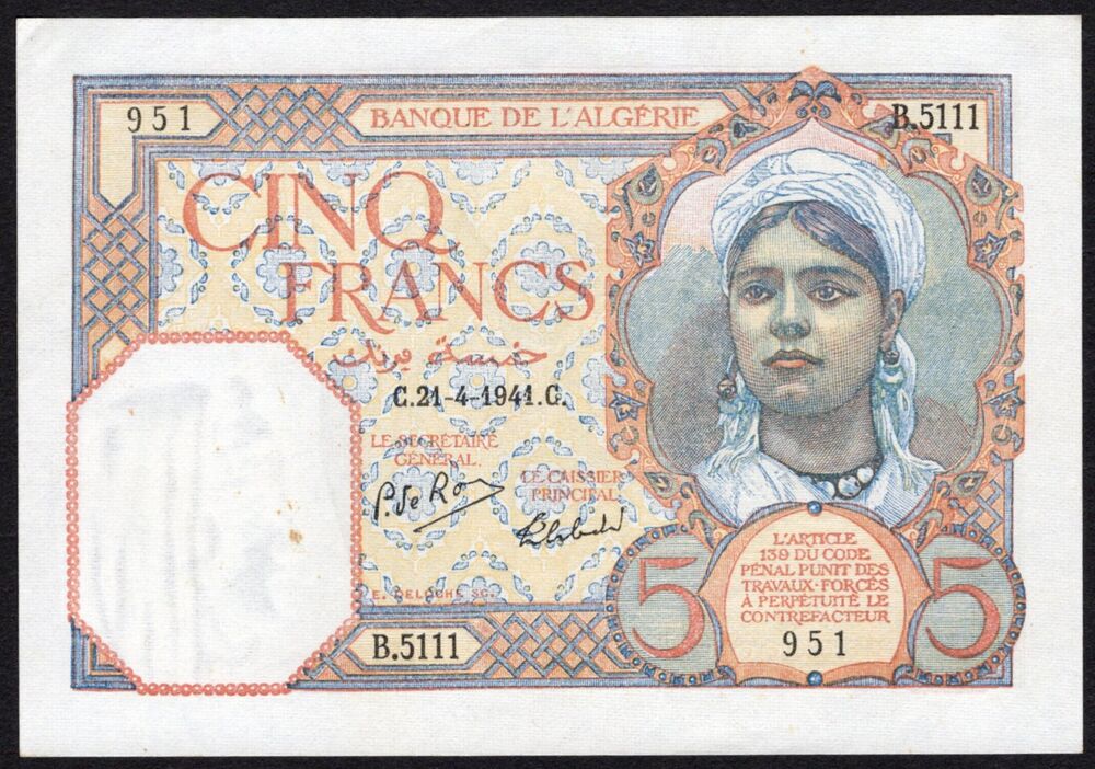 Algeria - 5 Francs 1941 - Pick # 77b - AU