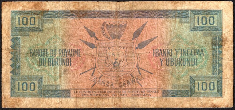 Burundi - 100 Francs 1965 - Pick # 17a - VG