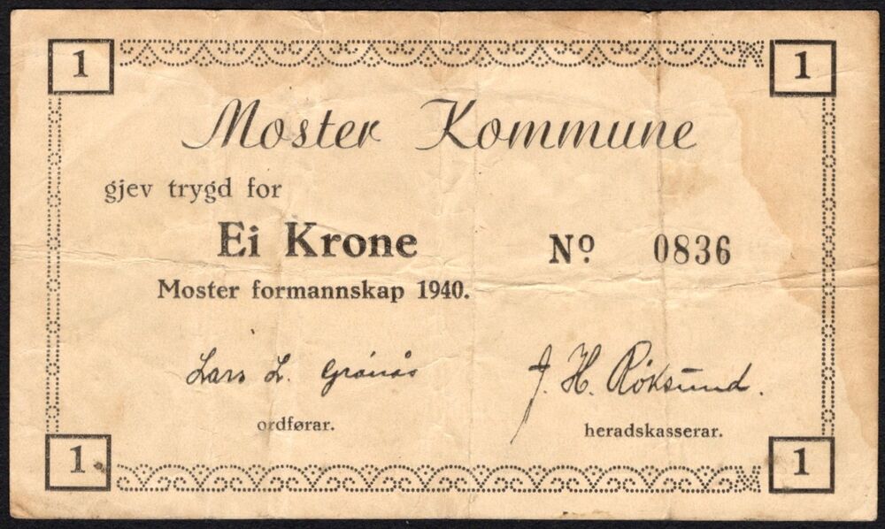 Norway, Emergency Issue - Moster Kommune, 1 Krone 1940 - Pick # NL - Fine