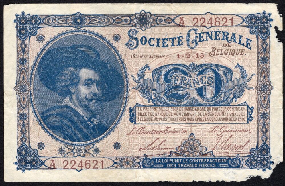 Belgium - 20 Francs 1915 - Société Générale - Pick # 89 - VF