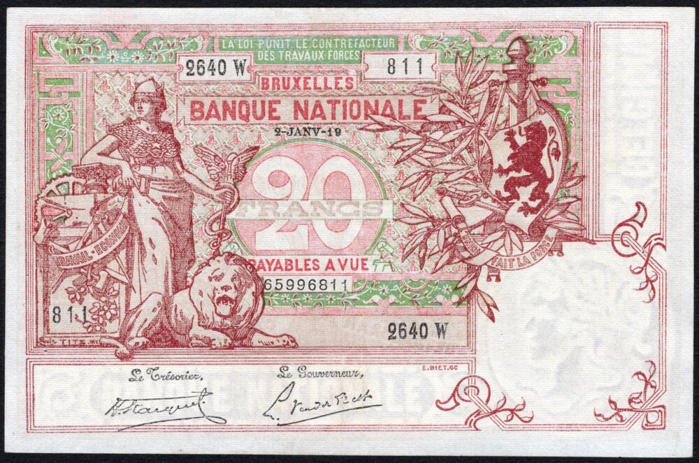 Belgium - 20 Francs 1919 - Pick # 67 - XF