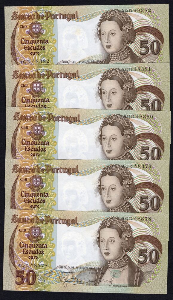 Portugal - 5 x 50 Escudos 1980 - Pick # 174 - Consecutive - AU/UNC
