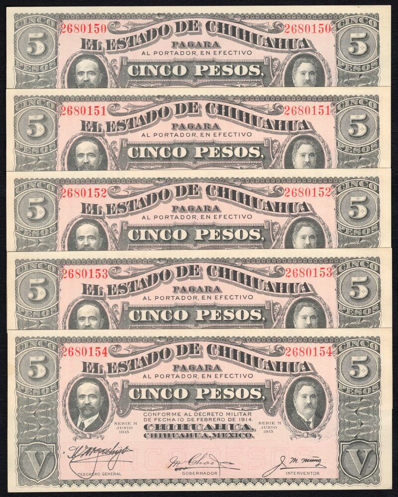 Mexico - 5 x 5 Pesos 1915 - Pick # S532A - Consecutive - AU/UNC