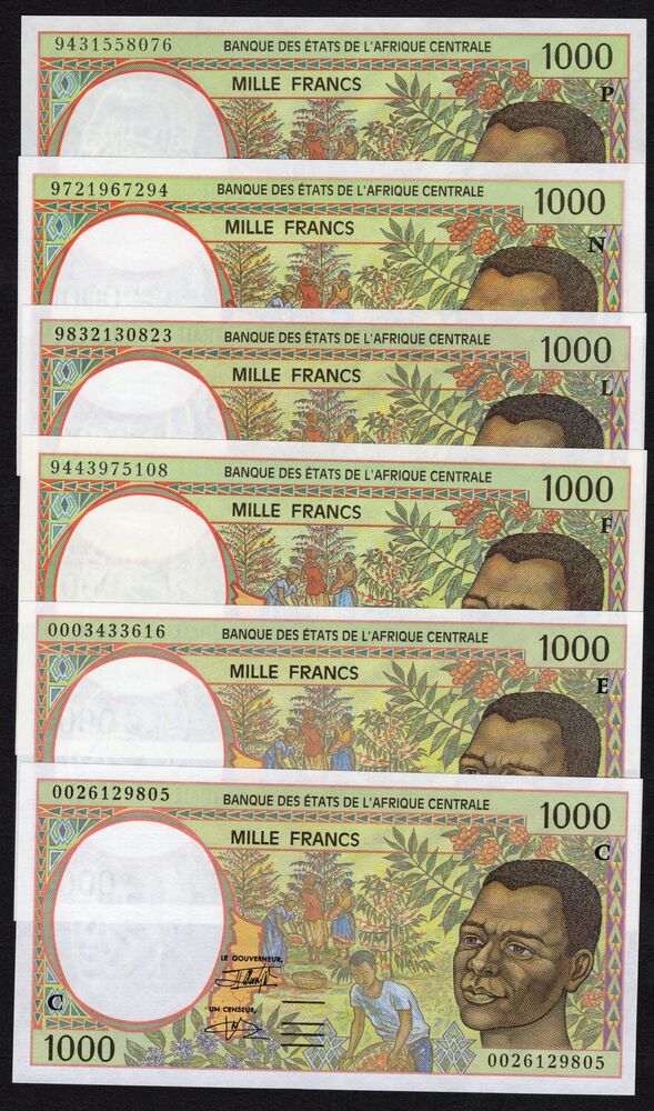 Central African States - 1000 Francs 1994/2000 - 6 different letters, Complete Issue - UNC