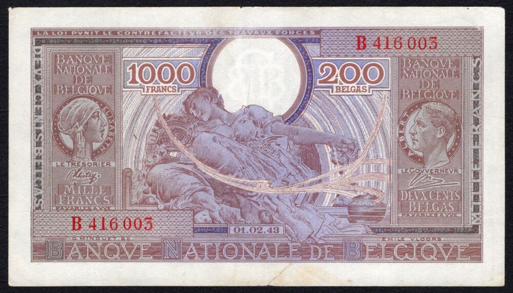 Belgium - 1000 Francs 1943 - Pick # 125 - VF