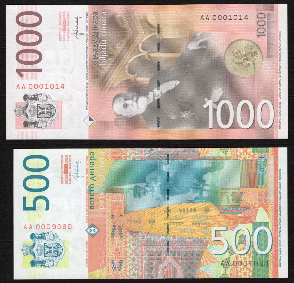 Serbia - 500 and 1000 Dinara 2012/2014 - Pick # 59b & P60b - Low Serial - UNC