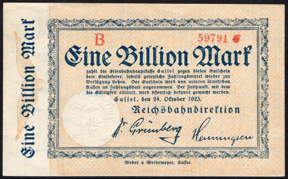 Germany, Reichsbahn - 1 Billion Mark 1923 - Pick # S1168 - AU