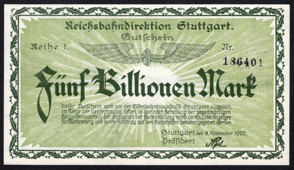 Germany, Reichsbahn - 5 Billionen Mark 1923 - Pick # S1380 - AU