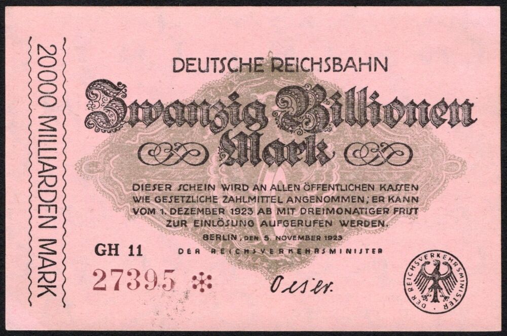 Germany, Reichsbahn - 20 Billionen Mark 1923 - Pick # S1031 - UNC-