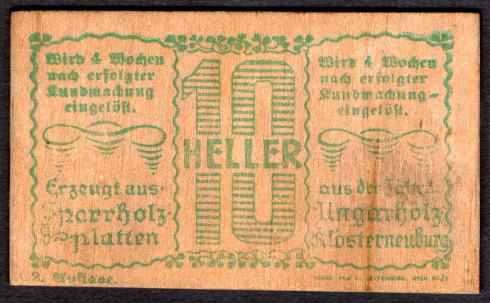 Austria - 10 Heller 1920 - Pick # NL - Printed on Wood - XF