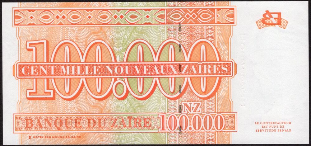 Zaire - 100.000 Nouveaux Zaïres 1996 - Pick # 77* - Replacement - UNC