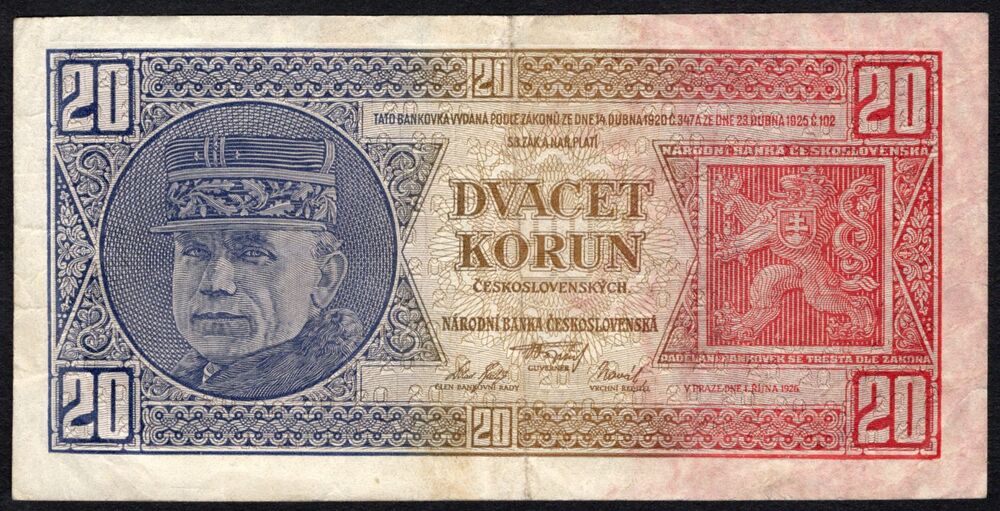Czechoslovakia - 20 Korun 1926 - Pick # 21a - VF