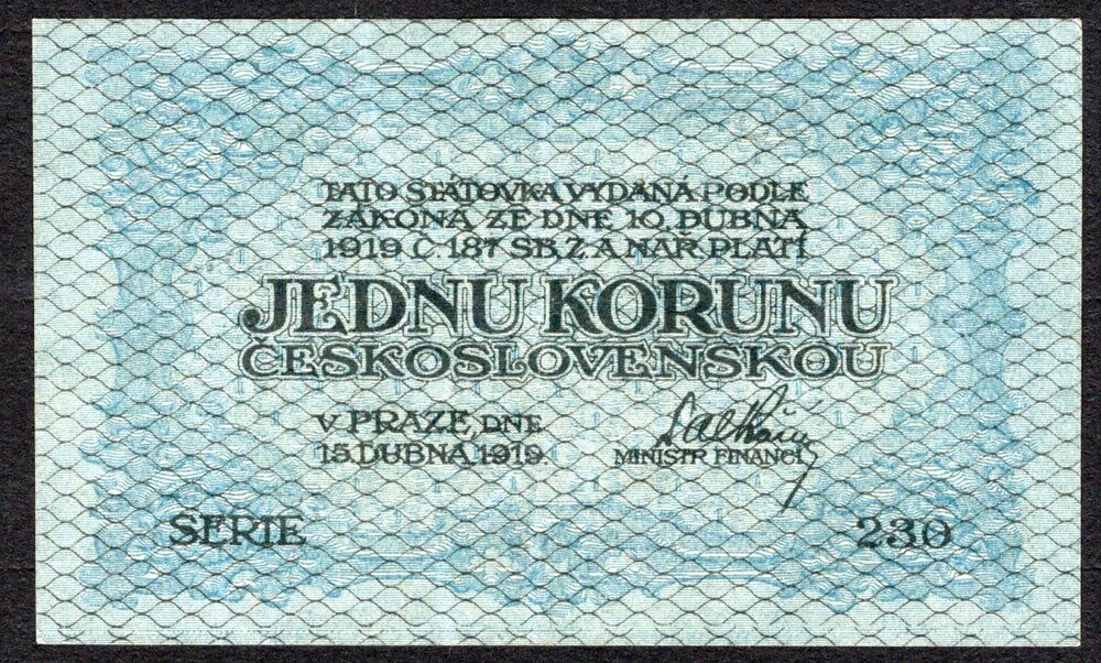 Czechoslovakia - 1 Koruna 1919 - Pick # 1 - VF+