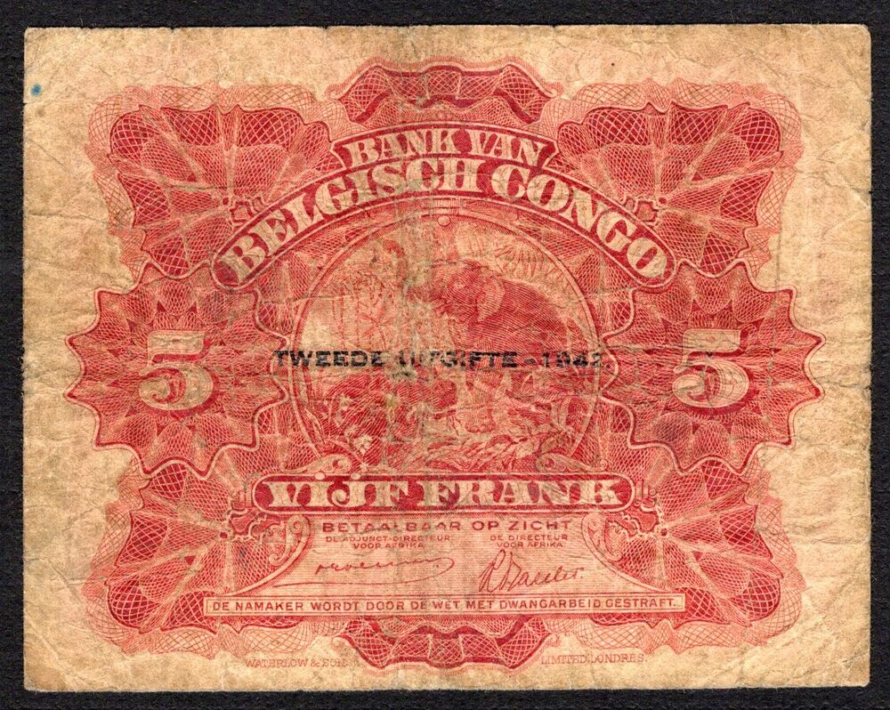 Belgian Congo - 5 Francs 1942 - Pick # 13 - VG