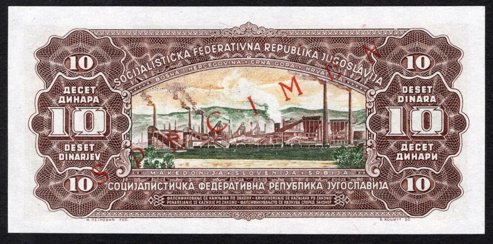 Yugoslavia - 10 Dinara 1965 - Pick # 78s - Specimen - UNC-