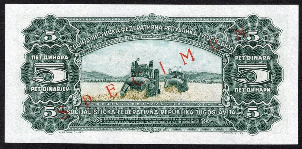 Yugoslavia - 5 Dinara 1965 - Pick # 77s - Specimen - UNC