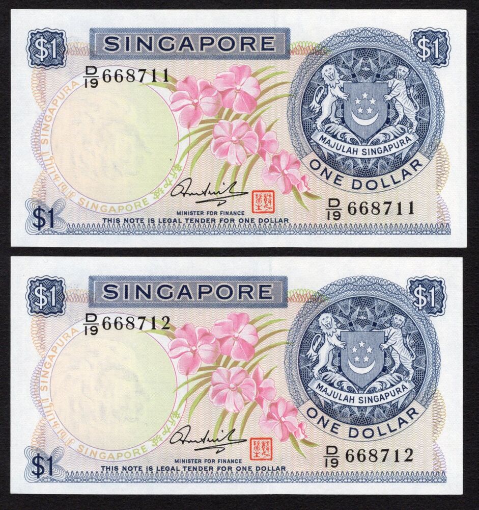 Singapore - 2 x 1 Dollar 1967/72 - Pick # 1d - Consecutive - UNC