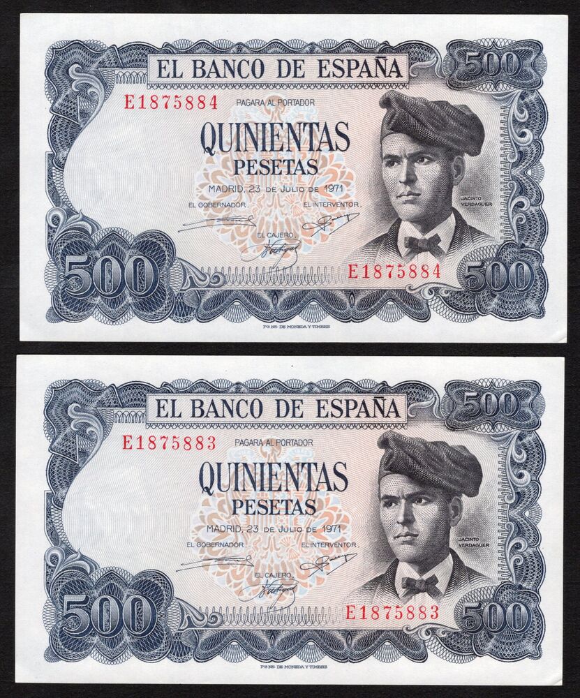 Spain - 2 x 500 Pesetas 1971 - Pick # 153 - Consecutive - UNC-
