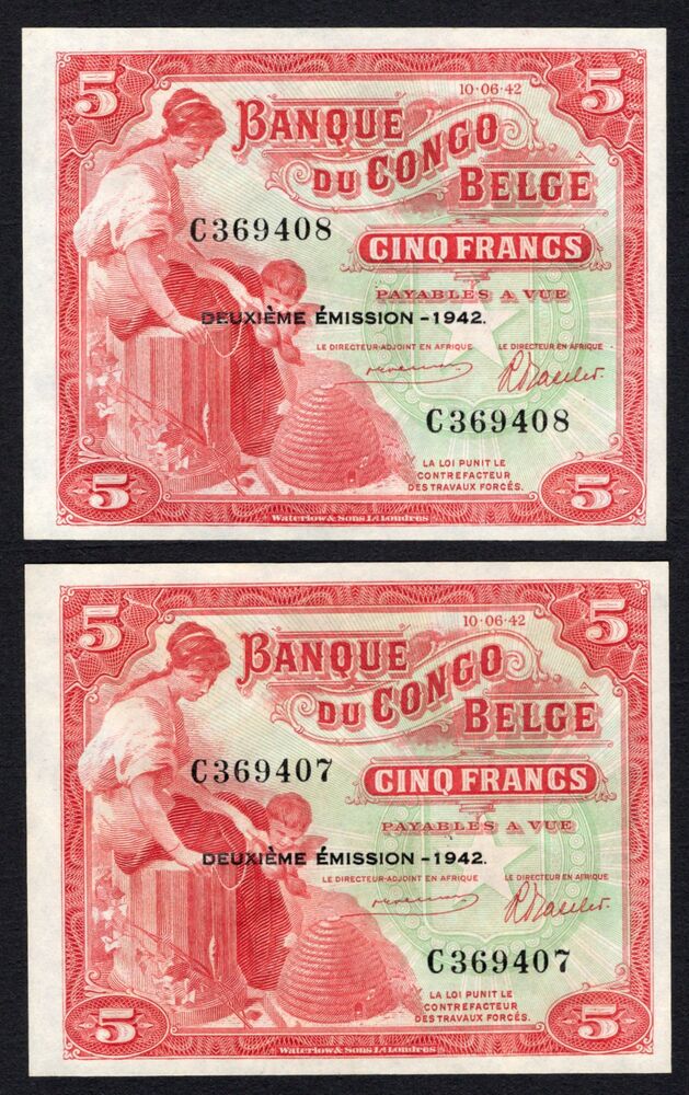 Belgian Congo - 2 x 5 Francs 1942 - Pick # 13 - Consecutive - UNC