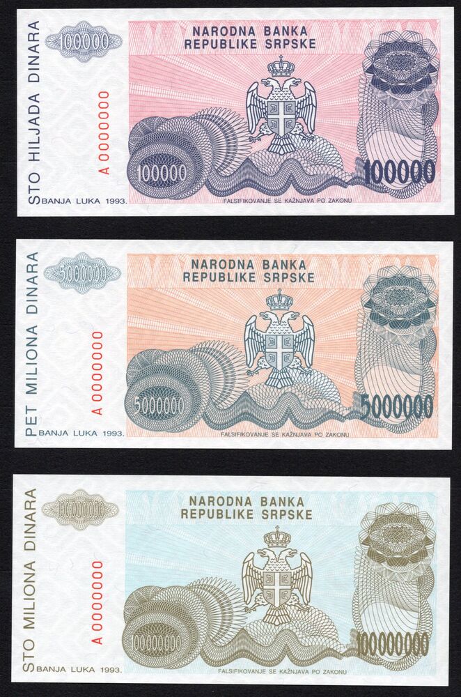 Bosnia - 3 x 1993 Petar Kocic Issue - Serial number A 0000000 - UNC