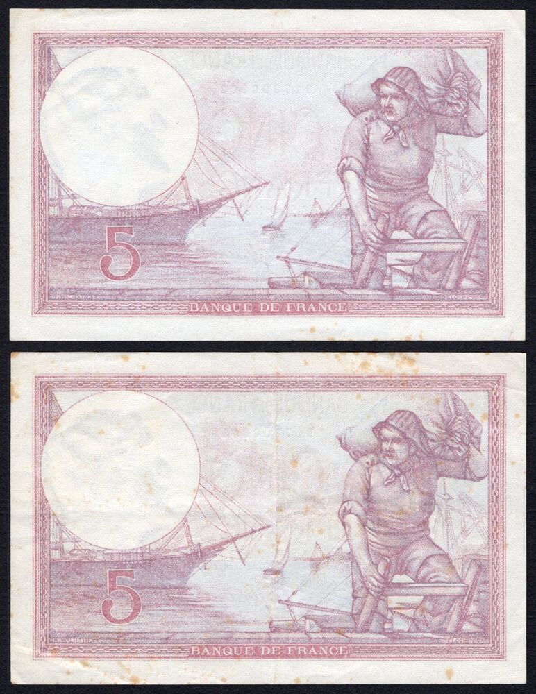 France - 2 x 5 Francs 1928 - Pick # 72d - Consecutive - Stained XF