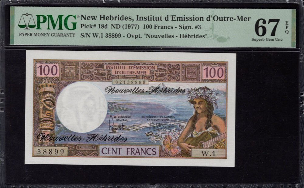 New Hebrides - 100 Francs 1977 - Pick # 18d - PMG 67 EPQ