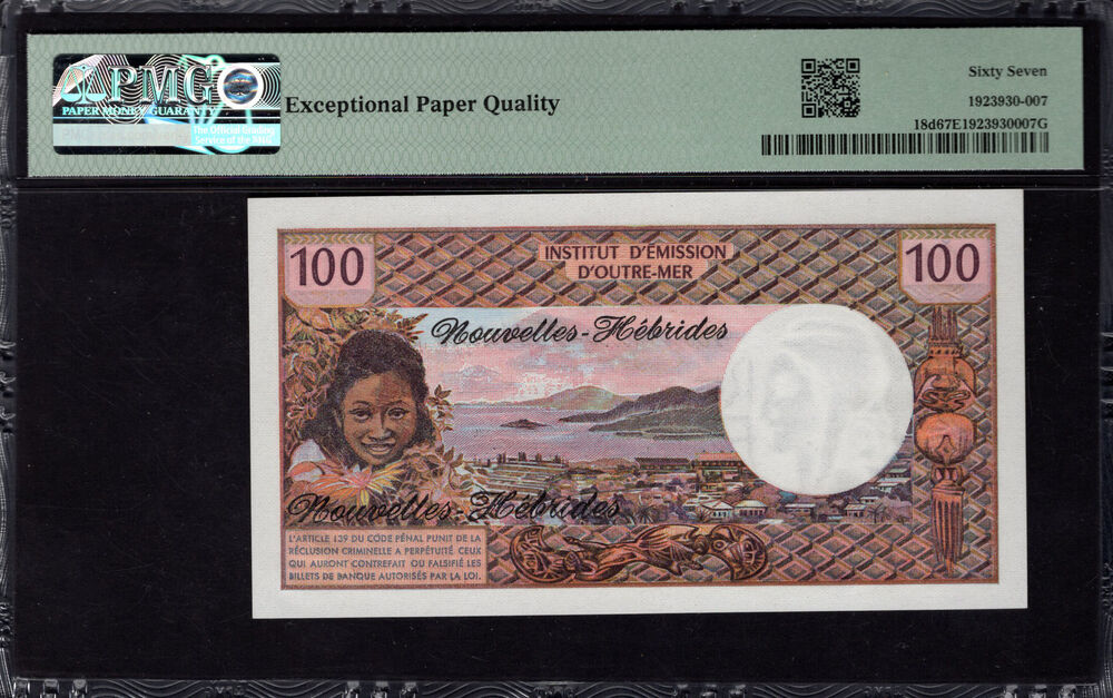New Hebrides - 100 Francs 1977 - Pick # 18d - PMG 67 EPQ