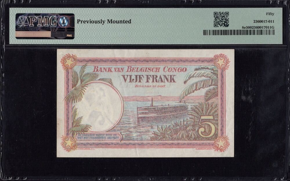 Belgian Congo - 5 Francs 1929 - Pick # 8e - PMG 50
