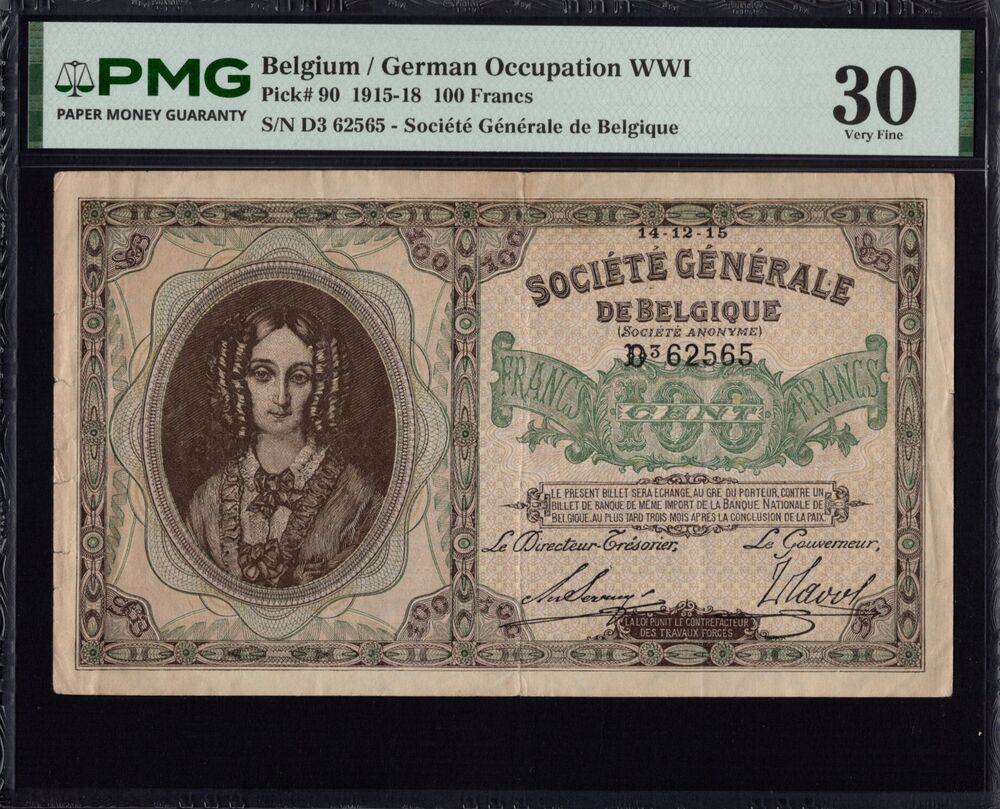 Belgium - 100 Francs 1915 - Pick # 90 - PMG 30