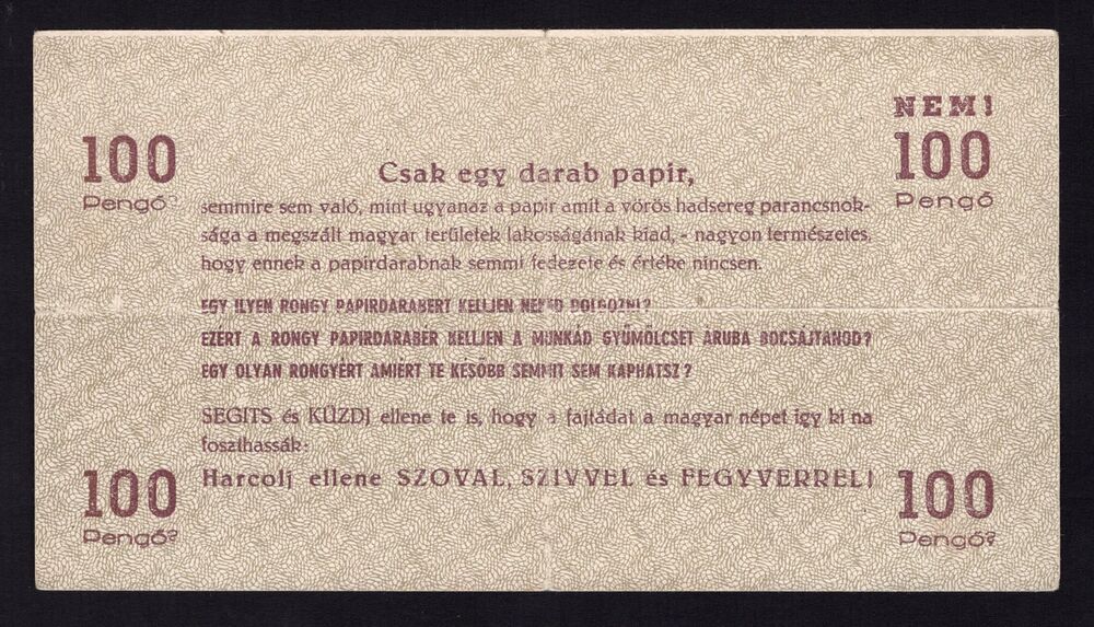Hungary - 100 Pengo 1944 - Pick # M8 - Propaganda Note - VF