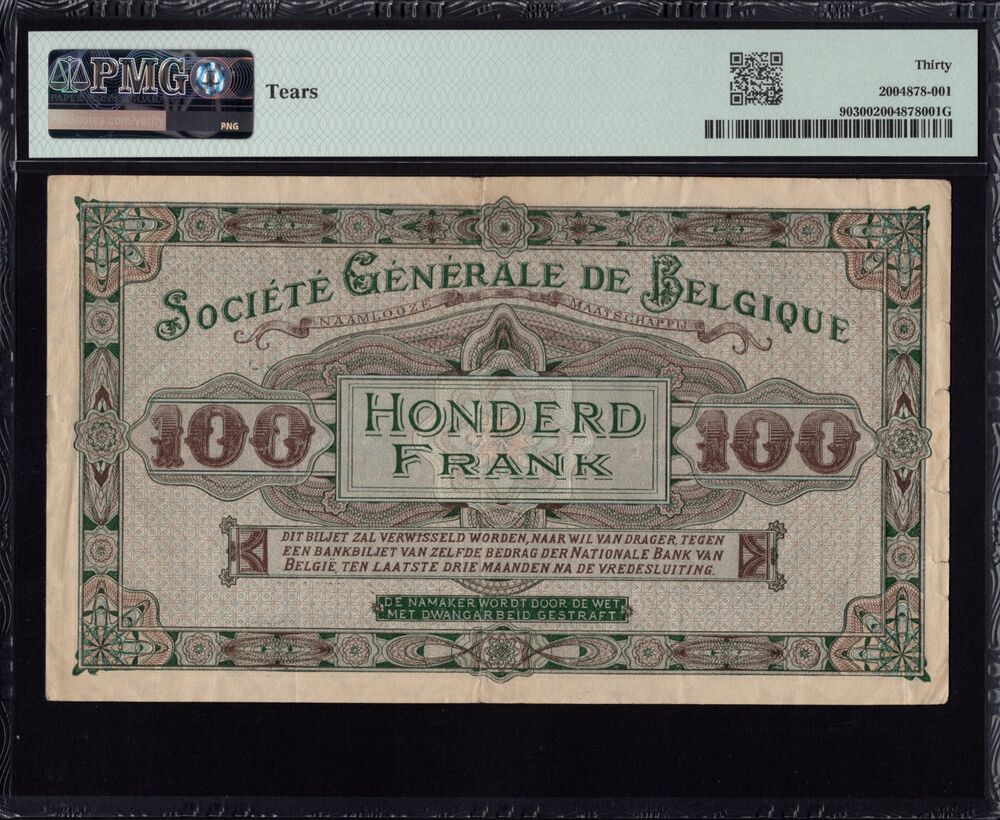 Belgium - 100 Francs 1915 - Pick # 90 - PMG 30