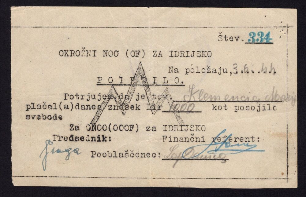 Slovenia - Partisan Certificate, 1000 Lir 1944 - Pick # NL - VF (ph)