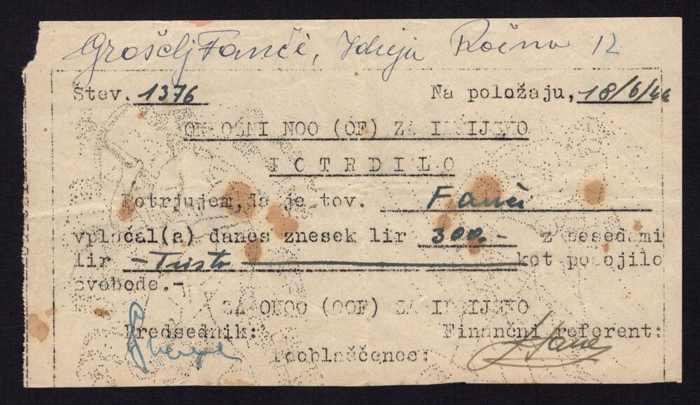 Slovenia - Partisan Certificate, 300 Lir 1944 - Pick # NL - F/VF