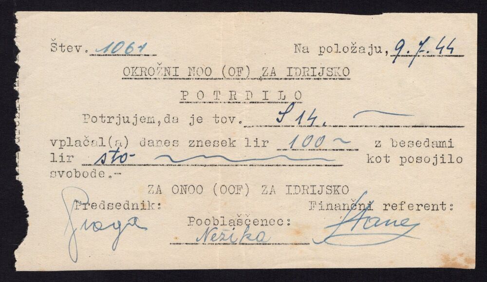 Slovenia - Partisan Certificate, 100 Lir 1944 - Pick # NL - VF/XF