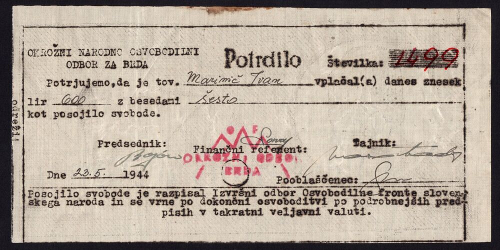 Slovenia - Partisan Certificate, 600 Lir 1944 - Pick # NL - VF