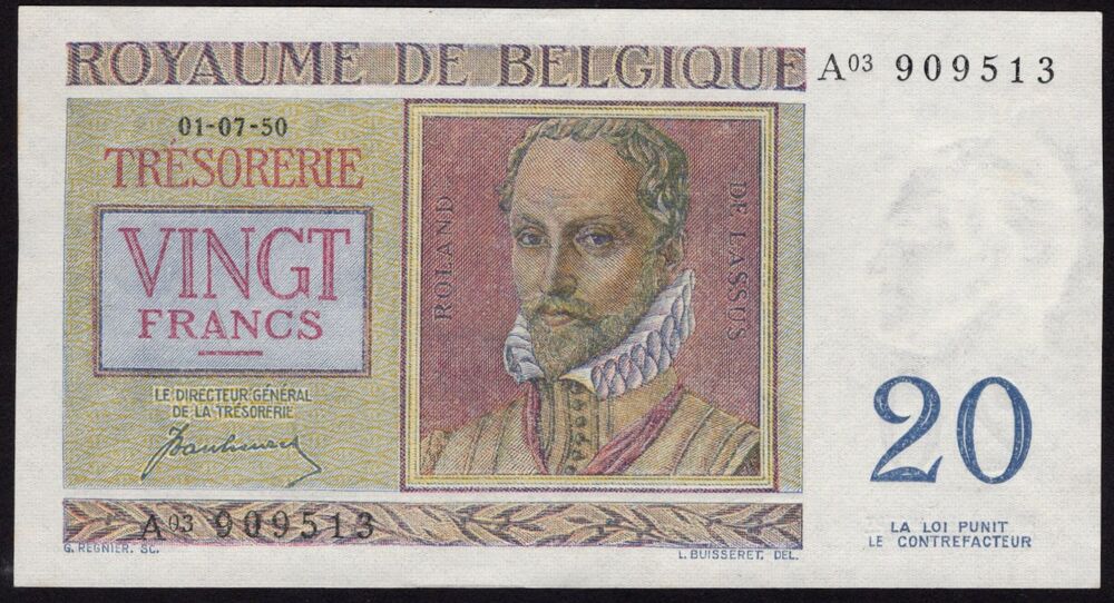 Belgium - 20 Francs 1950 - Pick # 132a - AU