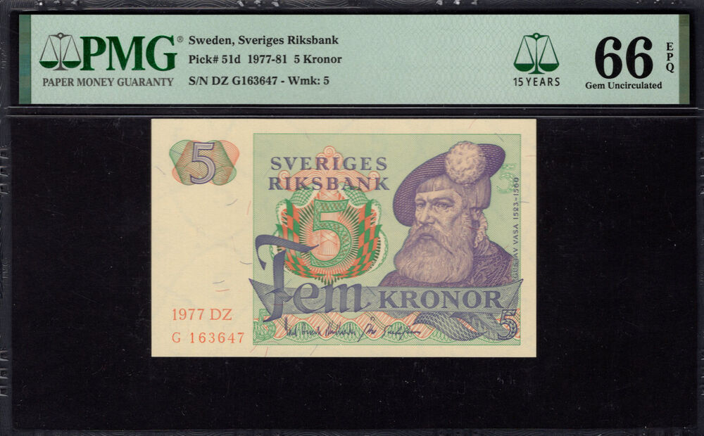 Sweden - 5 Kronor 1977 - Pick # 51d - PMG 66 EPQ