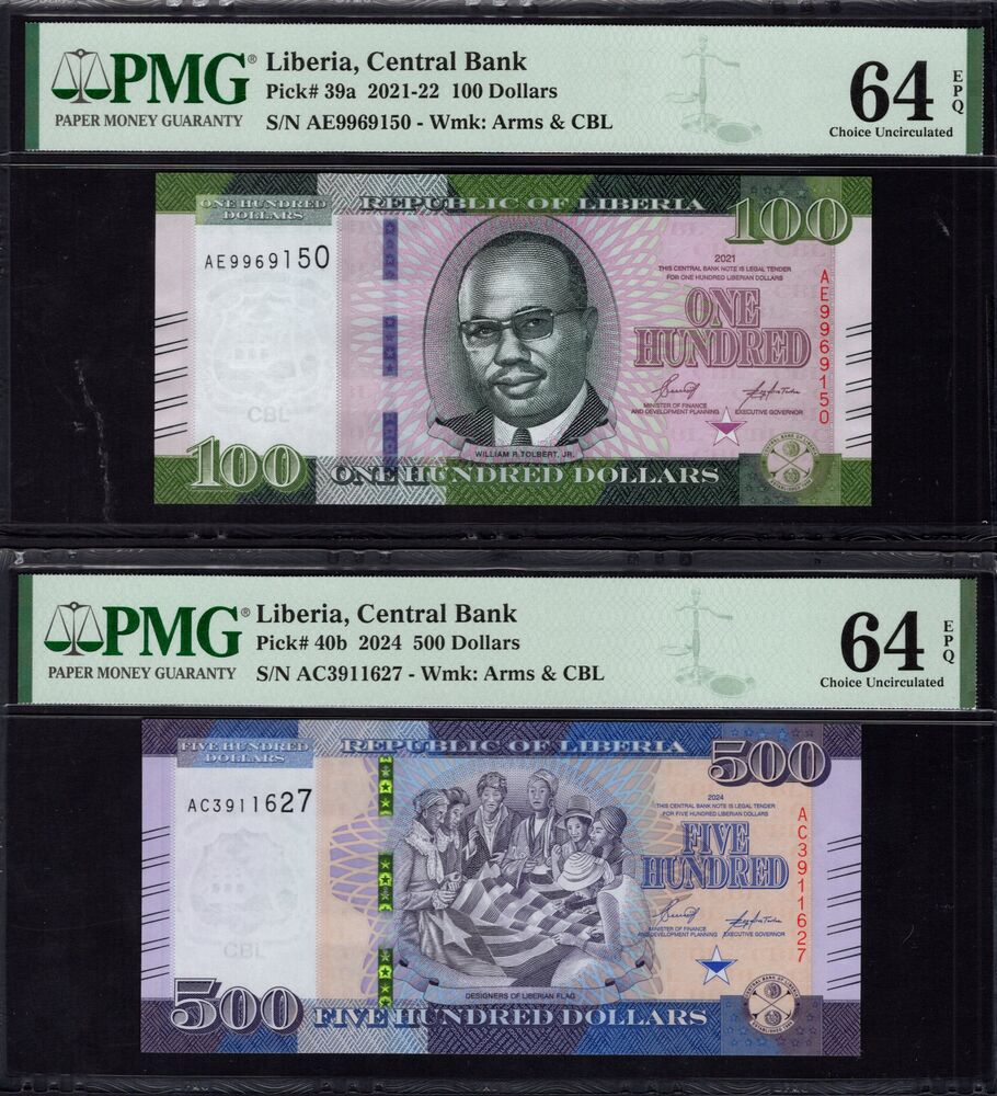 Liberia - 100 & 500 Dollars 2021/24 - 2 PMG graded notes