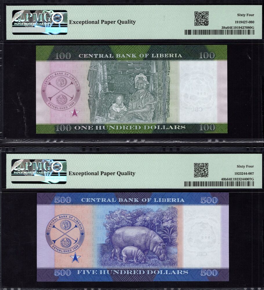 Liberia - 100 & 500 Dollars 2021/24 - 2 PMG graded notes