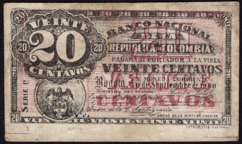 Colombia - 20 Centavos 1900 - Pick # 265 - VF