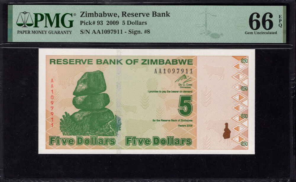 Zimbabwe - 5 Dollars 2009 - Pick # 93 - PMG 66 EPQ