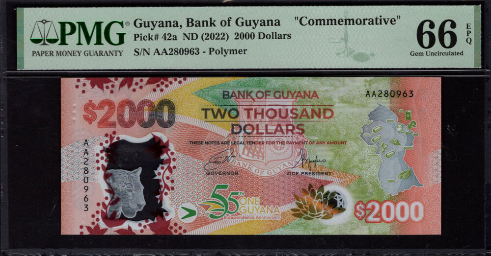 Guyana - 2.000 Dollars 2022 - Pick # 42a - PMG 66 EPQ