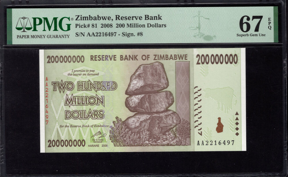Zimbabwe - 200.000.000 Dollars 2008 - Pick # 81 - PMG 67 EPQ