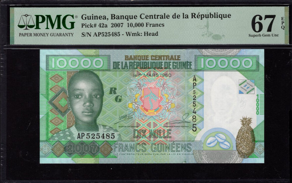 Guinea - 10.000 Francs 2007 - Pick # 42a - PMG 67 EPQ