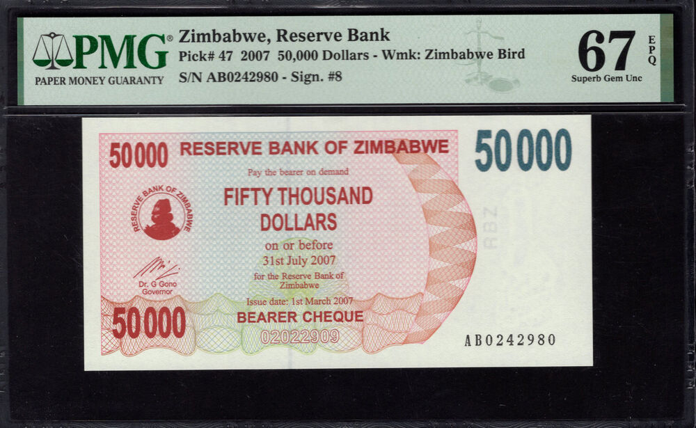 Zimbabwe - 50.000 Dollars 2007 - Pick # 47 - PMG 67 EPQ