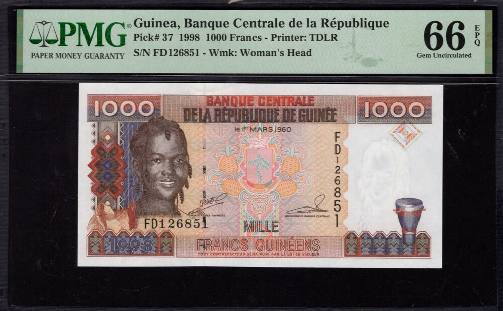 Guinea - 1.000 Francs 1998 - Pick # 37 - PMG 66 EPQ