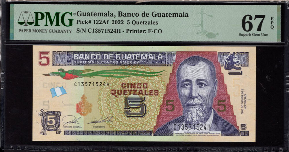 Guatemala - 5 Quetzales 2022 - Pick # 122Af - PMG 67 EPQ